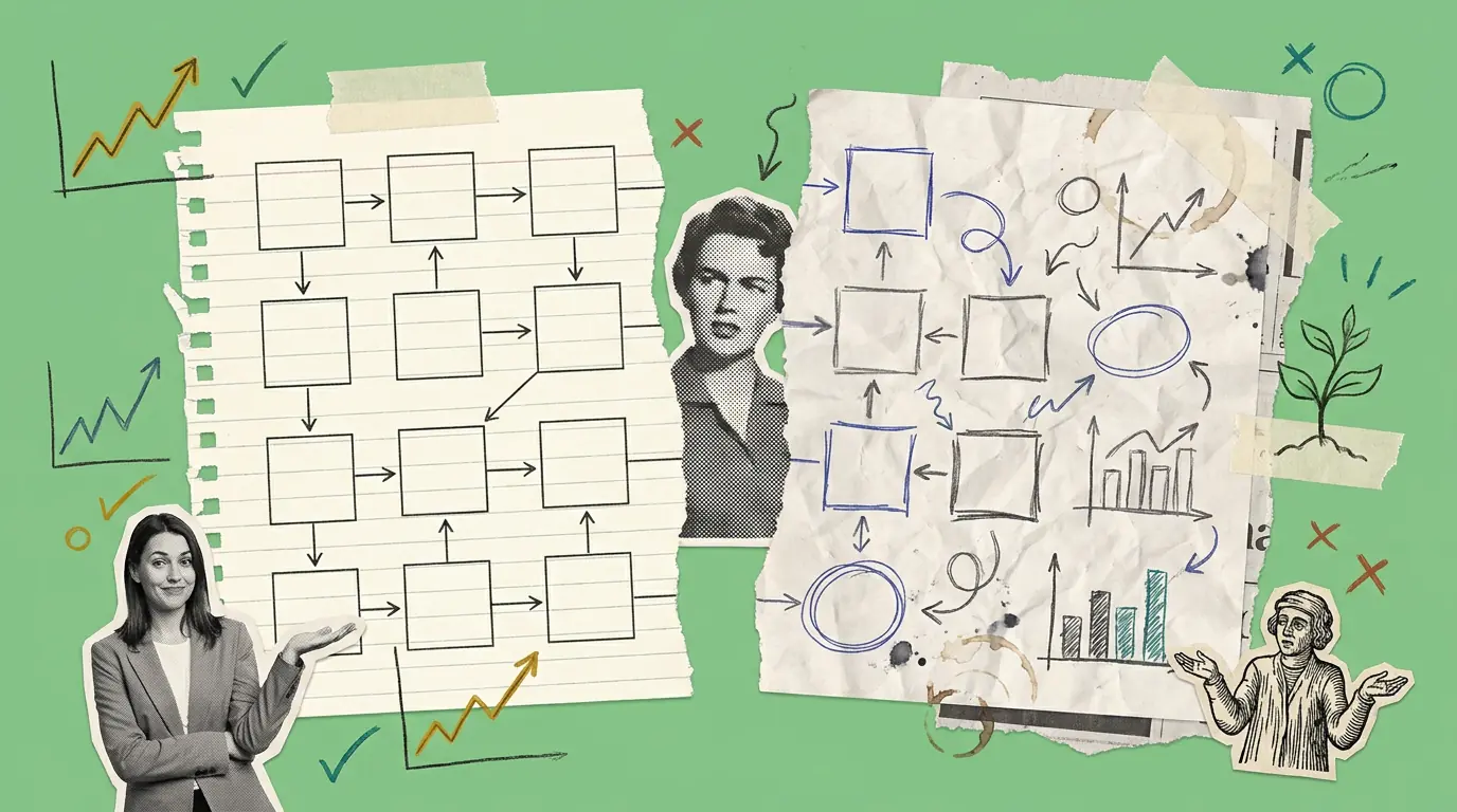 A paper collage on green. Two torn sheets sit side by side, one a rigid grid of empty boxes joined by printed arrows, the other the same shape redrawn loosely by hand in biro. A vintage halftone woman looks out between them, with a modern photograph and an engraving at the edges.