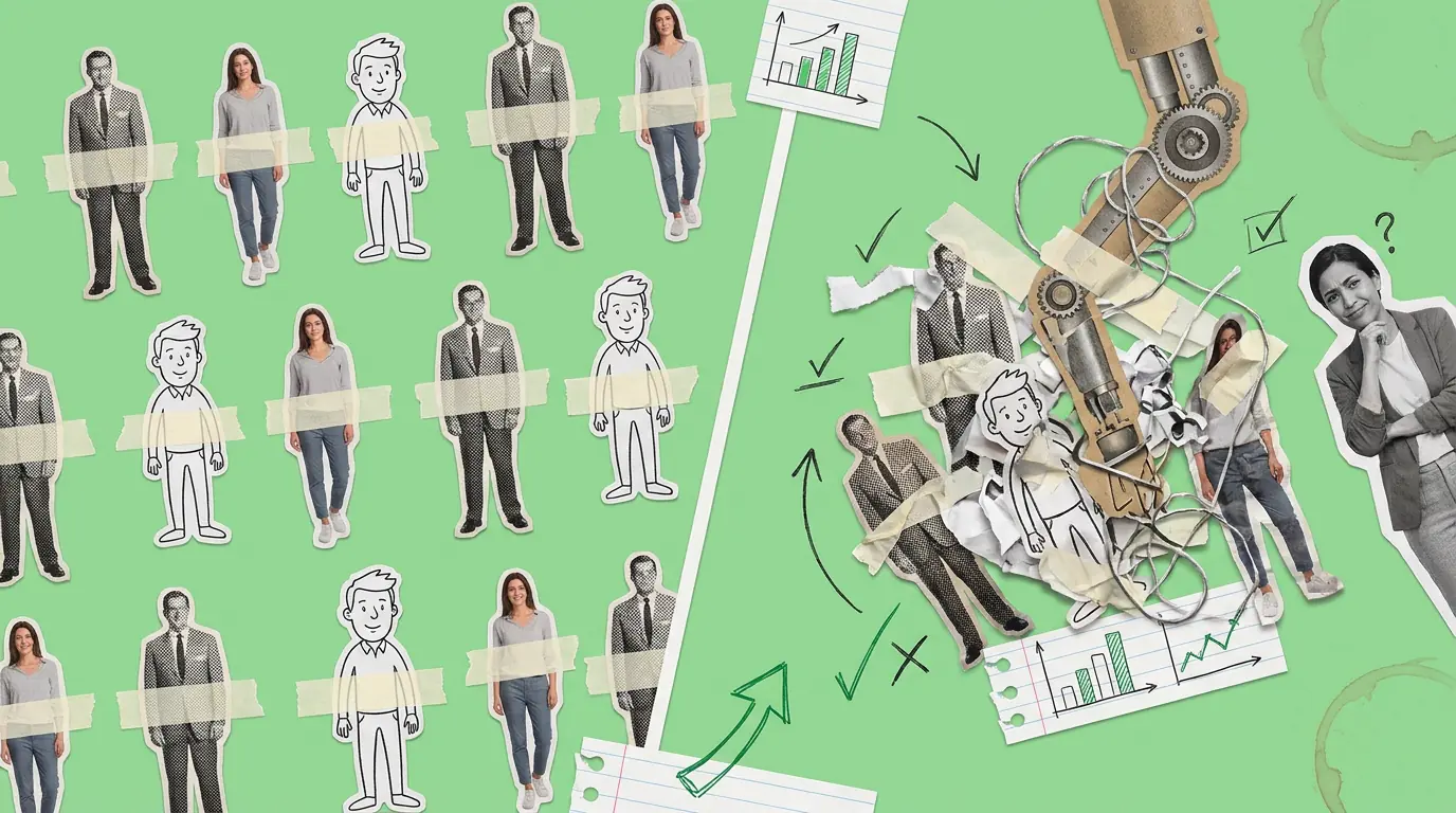 A paper collage on green. A robotic arm sweeps paper cut-outs of people into a crumpled pile on one side, while a woman stands to the right with a question mark drawn above her. Vintage halftone men, modern photographs and cartoon figures are scattered with biro charts and arrows.