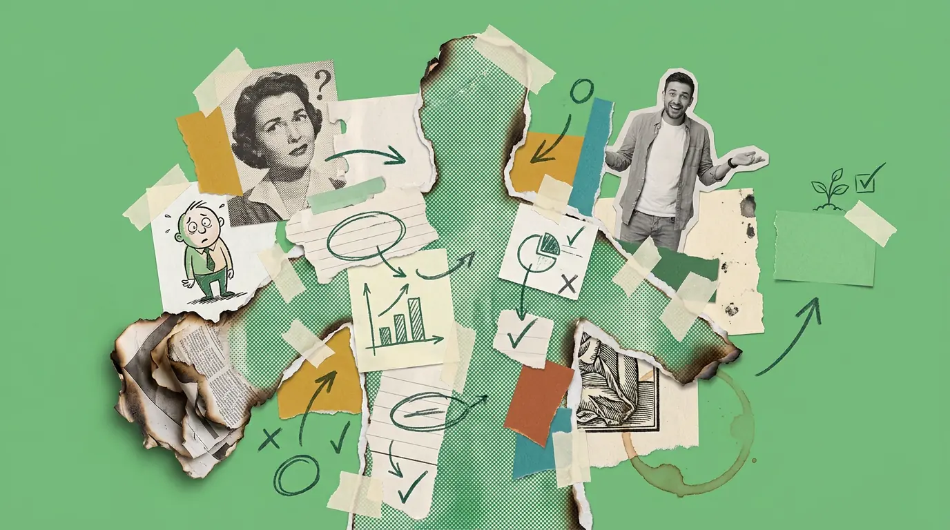 A paper collage on green. A green figure with scorched, fraying edges stands with arms outstretched, overloaded with taped-on scraps and burnt newspaper. Around it are a vintage halftone woman, a modern photograph of a shrugging man, a worried cartoon and an engraving, with biro arrows and charts.