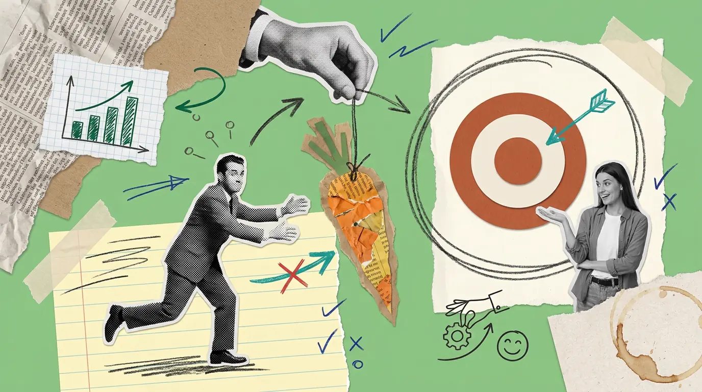 A paper collage on green. A vintage halftone man runs towards a paper carrot dangled in front of him by a halftone hand, heading away from a target with an arrow in it behind him. A modern photograph of a smiling woman gestures nearby among biro ticks and a bar chart.