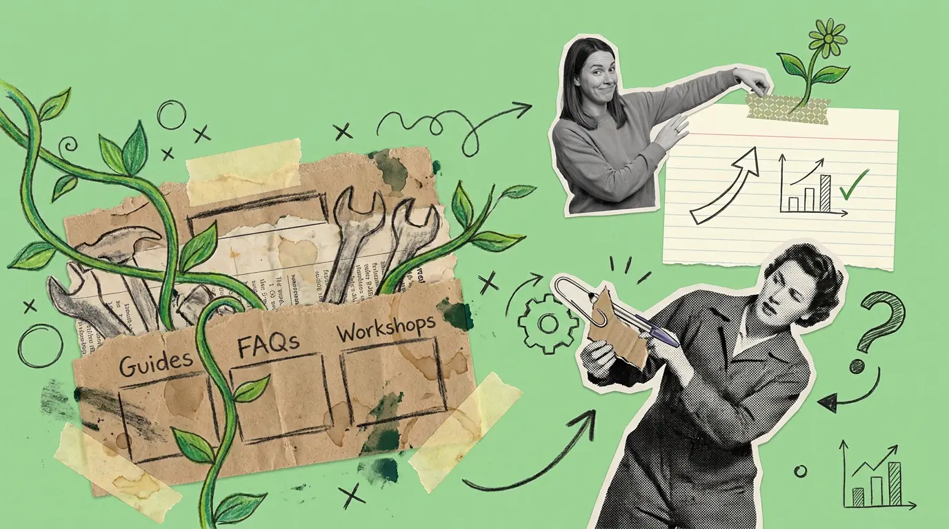 A paper collage on green. A vintage halftone woman in overalls holds an oversized paperclip beside a cardboard folder with hand-drawn tools on it and green vines climbing over the top. A modern photograph of a woman points towards it among biro arrows, gears and ticks.