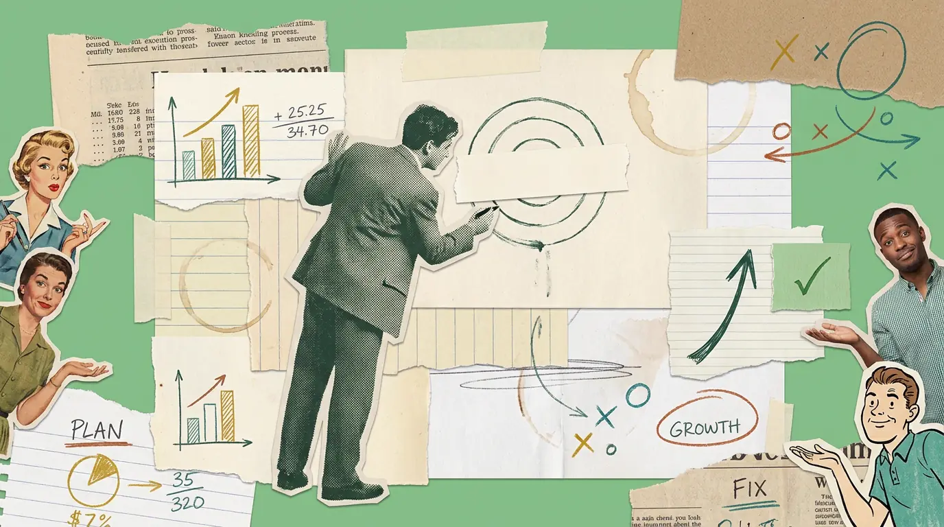 A paper collage on green. A vintage cut-out of a man in a suit draws a target ring on a wall that is already papered over, with a torn strip taped across the spot. Cut-out figures around him include a modern photograph and a hand-drawn cartoon, with biro arrows, ticks and crosses.