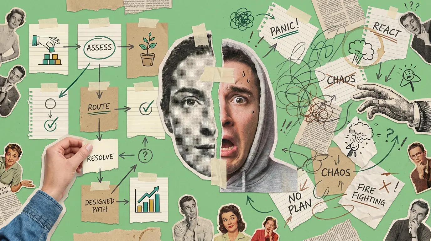 A paper collage on green. A single face is torn down the middle and rejoined slightly out of line, one half a composed vintage halftone woman, the other half a panicked modern photograph. Neat taped scraps sit on one side and scattered scribbled ones on the other.