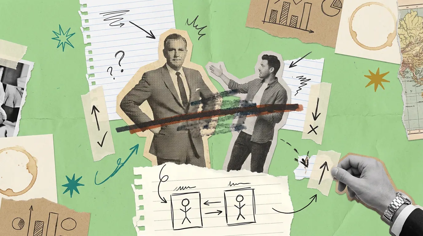 A paper collage on green. A vintage halftone man in a suit and a modern photographic man gesturing stand side by side, crossed through by a heavy dark line as though someone tried and failed to connect them. Torn scraps, a map fragment and a hand applying tape surround them.
