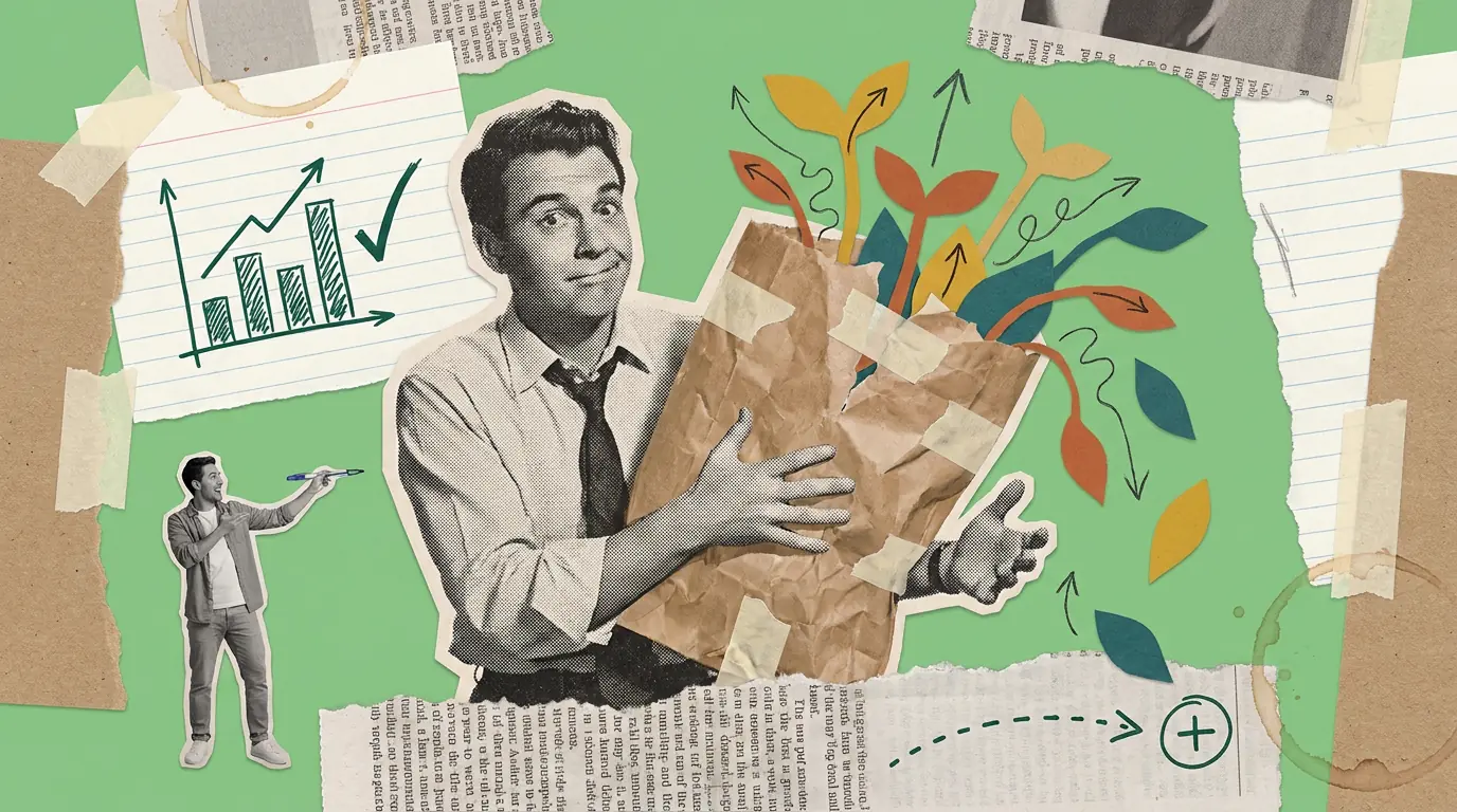 A paper collage on green. A vintage halftone man holds a torn paper bag with brightly coloured leaves sprouting out of the top and spilling over the sides. Torn newspaper, lined paper, tape and coffee stains surround him, with a biro bar chart and a circled plus sign.