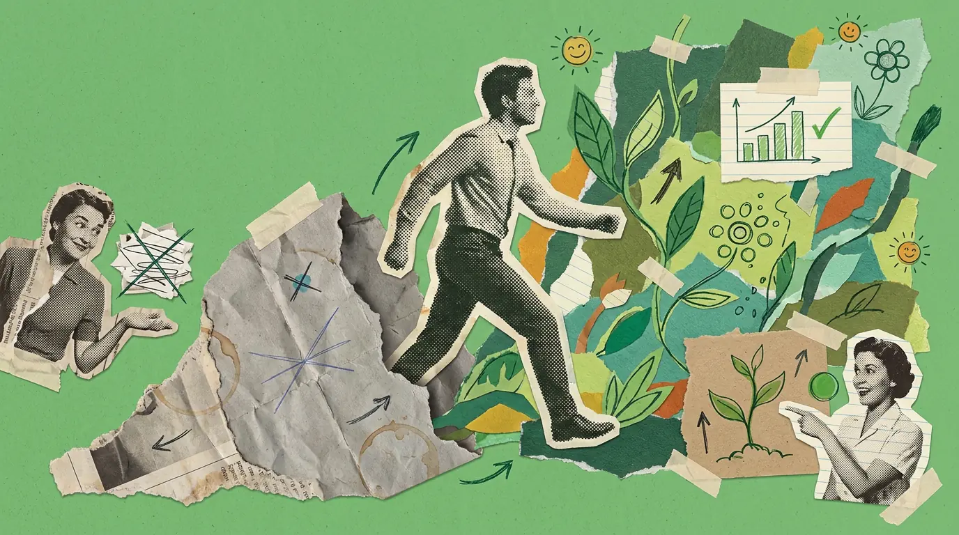 A paper collage on a green background. A cut-out figure strides out of a crumpled grey paper shape into a mass of torn green leaves and foliage. Hand-drawn arrows point upward and a small sketch of a seedling sits in the corner.