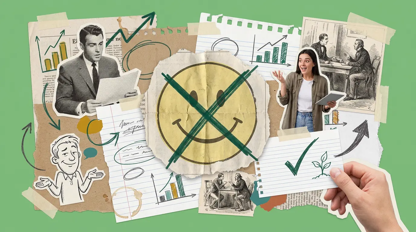 A paper collage on green. A crumpled paper circle carrying a yellow smiley face is crossed out with a thick green cross at the centre. Around it are taped scraps and a card held by a hand, with a vintage halftone man, a modern photograph, a cartoon and two engravings.