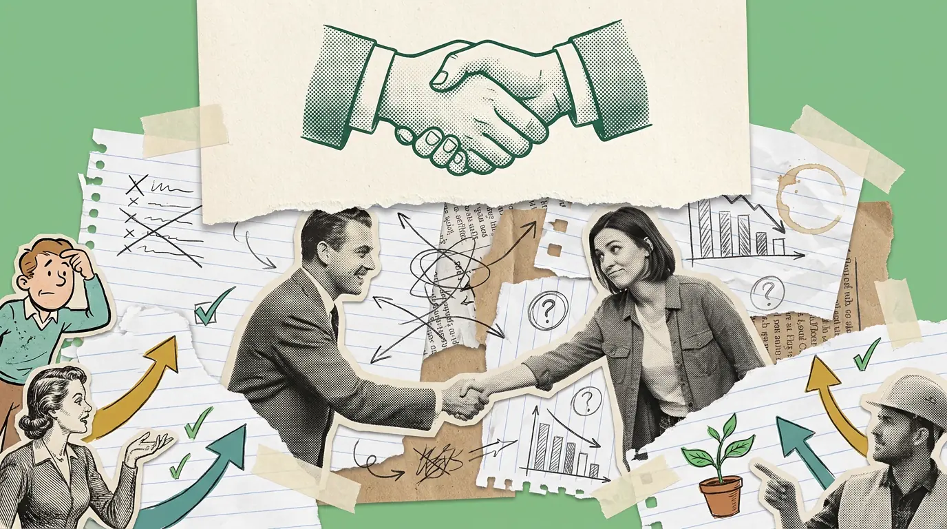 A paper collage on green. A vintage halftone man and a modern photographic woman shake hands across a torn seam in the paper, with a gap visible beneath the join. A cartoon figure, an engraved woman and a construction worker look on among ticks, crosses and declining charts.