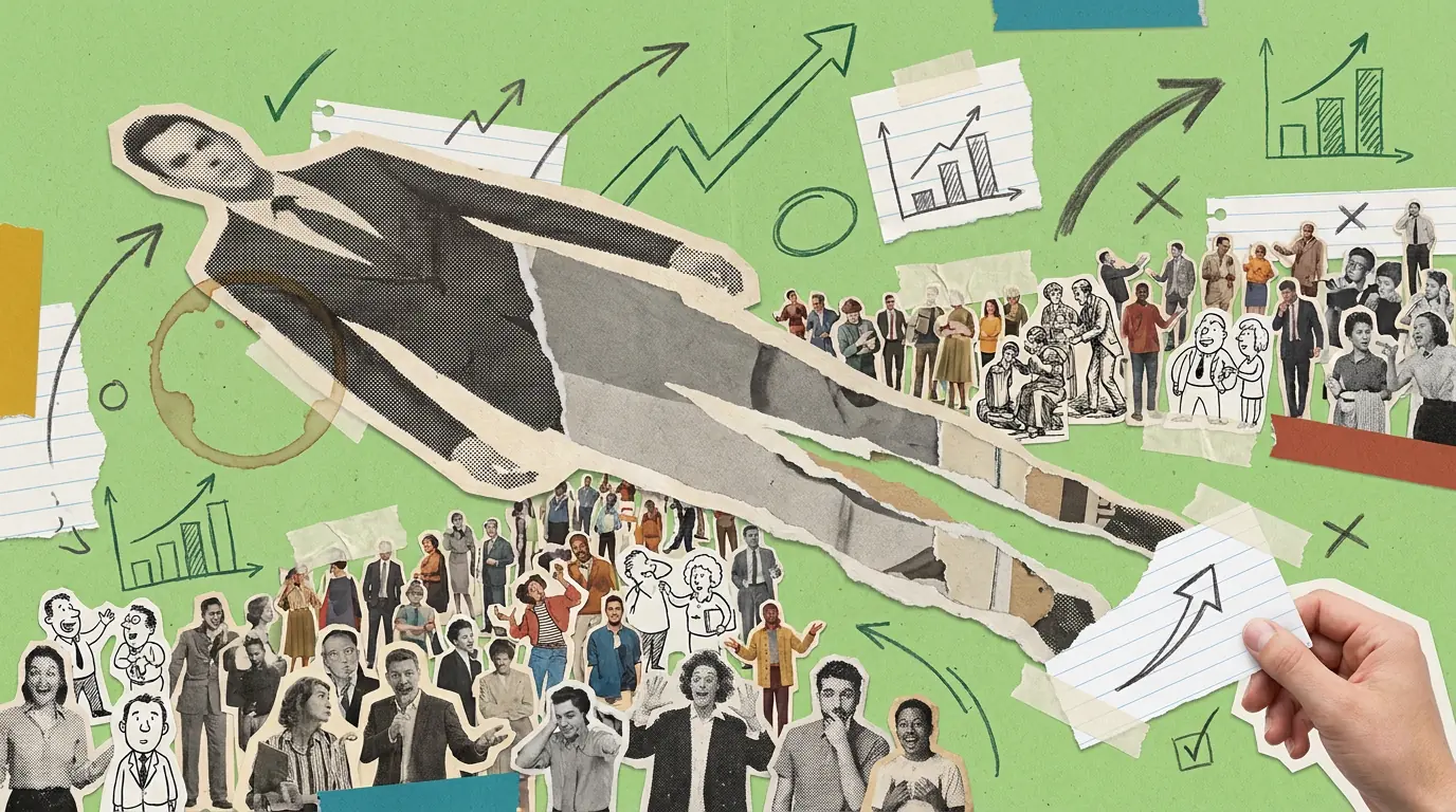 A paper collage on green. A large cut-out man in a suit is stretched diagonally across the frame, casting a thin paper shadow over a crowd of much smaller cut-out figures below. Small vintage, modern photographic, cartoon and engraved people are scattered with upward biro arrows.