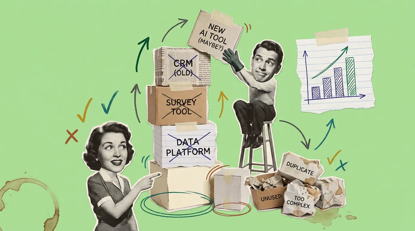 A paper collage on a green background. A wobbly stack of cardboard boxes is labelled with software categories, most of them crossed out in pen. A cut-out figure perched on a stool balances another box on top, while a second figure points at the pile.