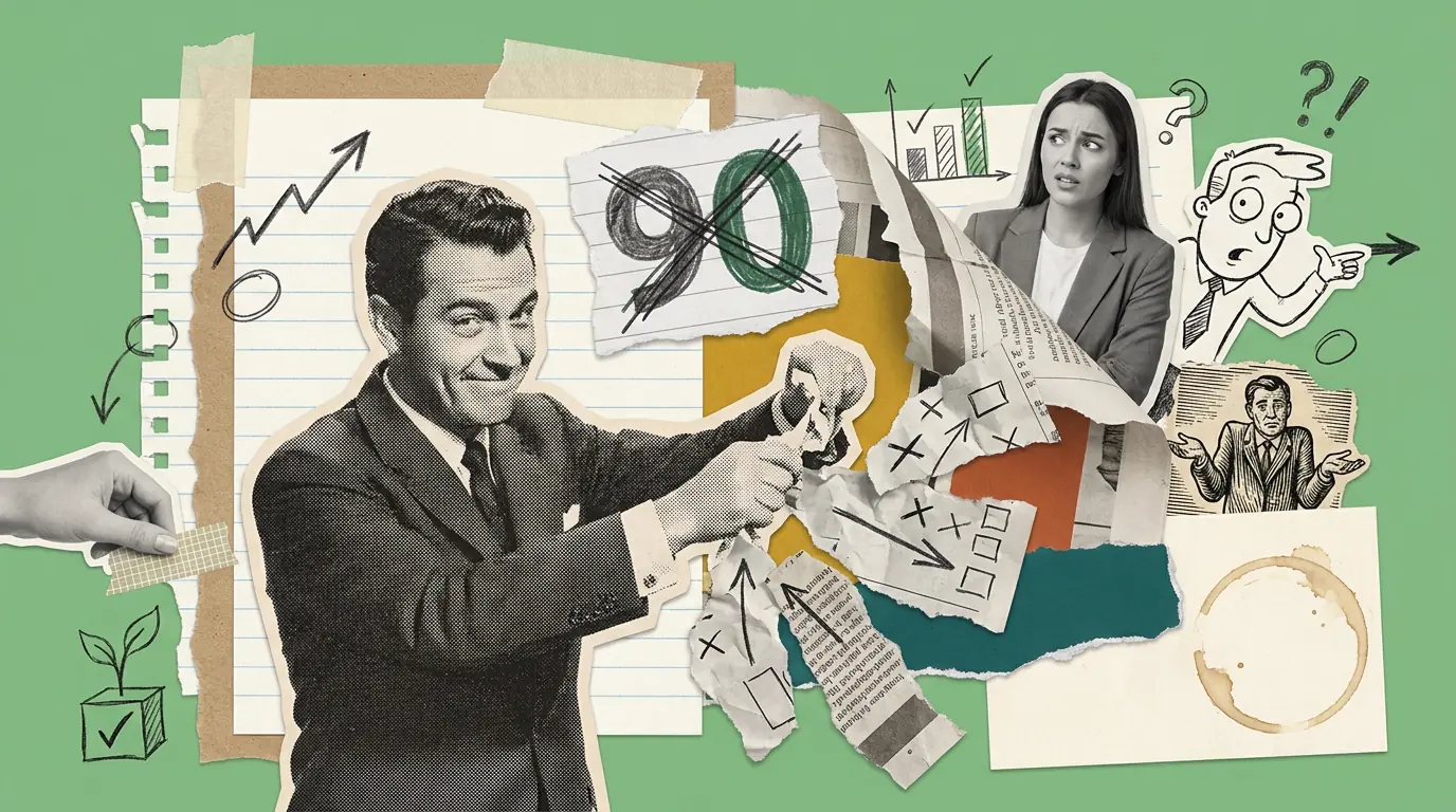 A paper collage on green. A smiling vintage halftone man in a suit enthusiastically tears paper away, not noticing the collage coming apart behind him. A scrap carrying a scrawled ninety is crossed out. A modern photograph, a cartoon and an engraving react around the edges.