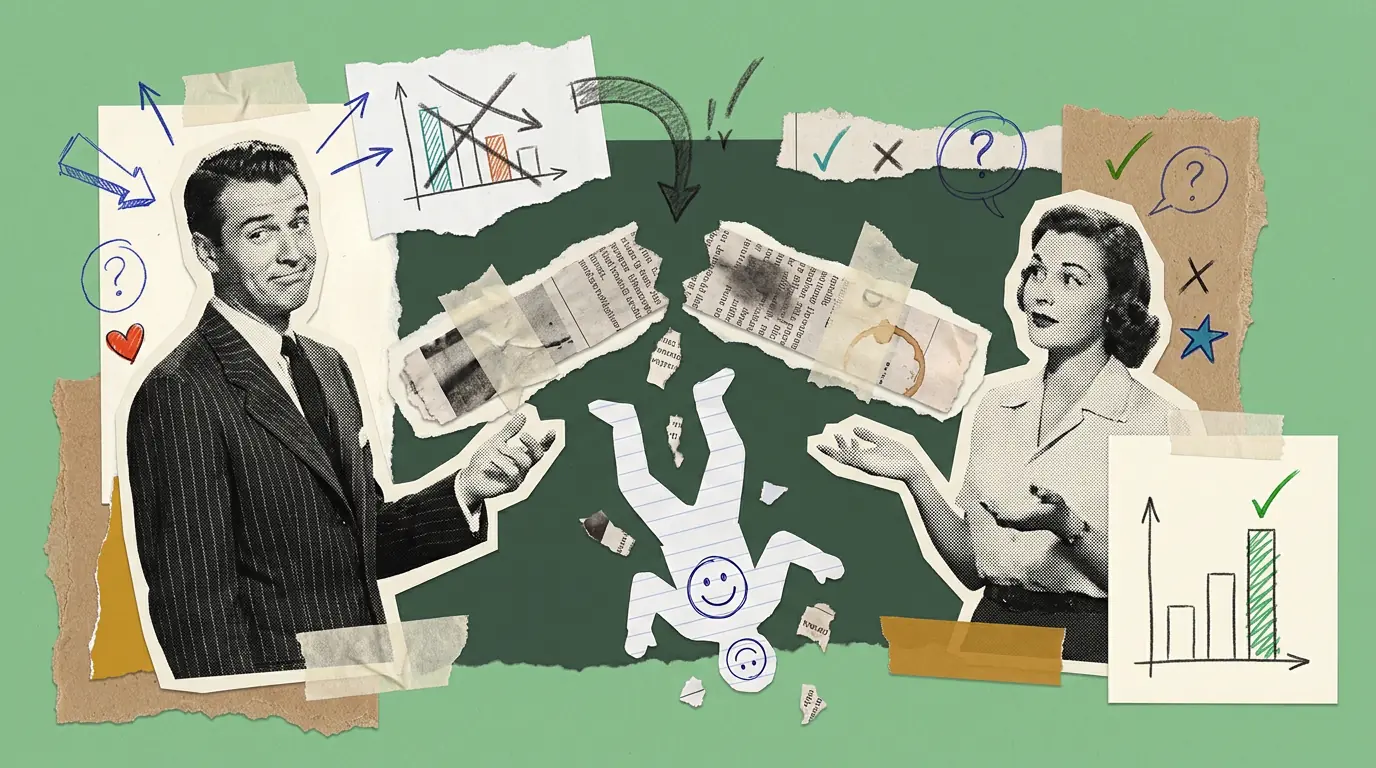 A paper collage on a green background. Two cut-out figures face away from each other with their hands open in a shrug. Between them a paper doll with a smiling face drawn on it falls through a gap in the torn paper.