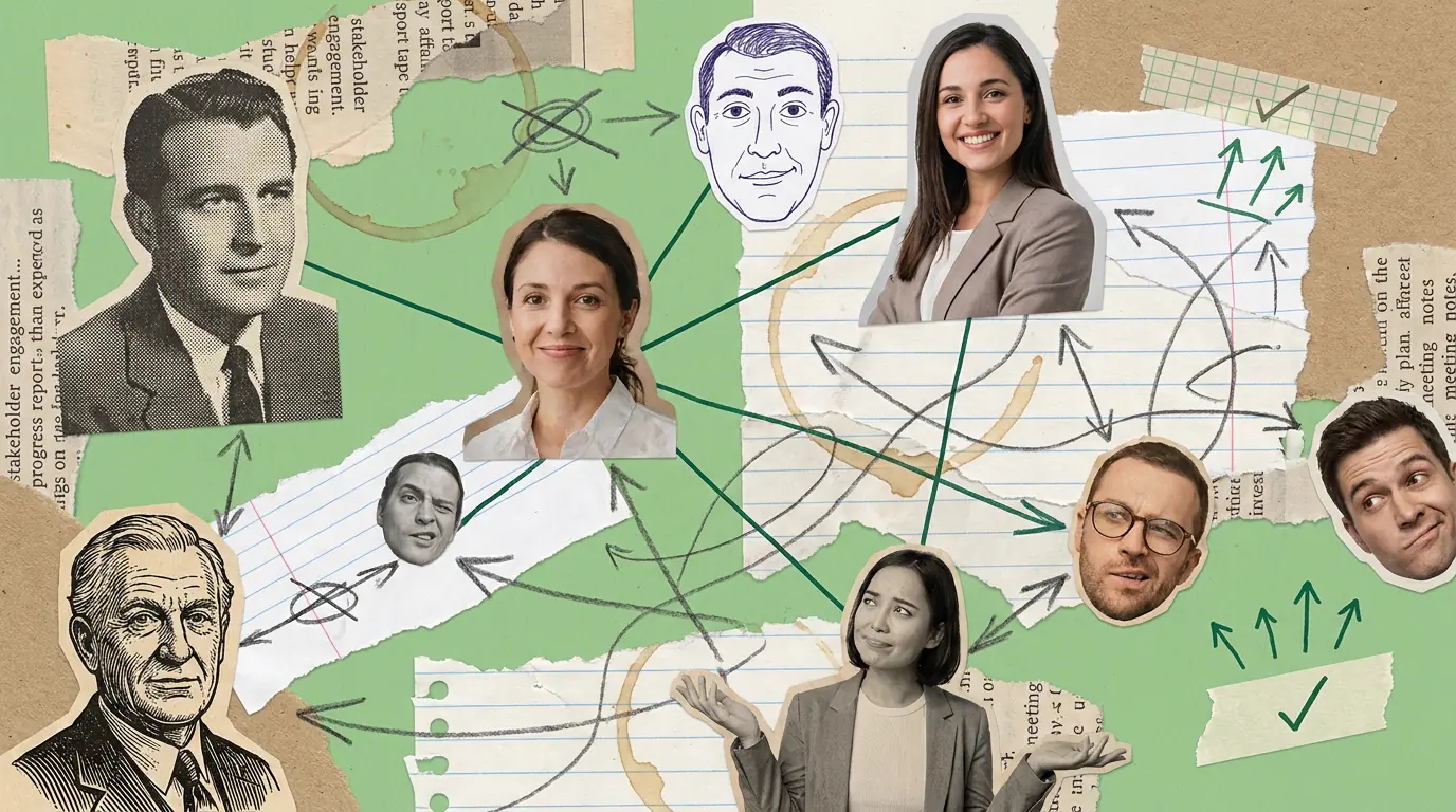 A paper collage on green. A dense cluster of cut-out faces fills the frame, some joined by confident green pen lines, most by lines that fade out, double back or are crossed through. The faces mix modern colour photographs, vintage halftone, an engraving and a blue line-drawn cartoon.