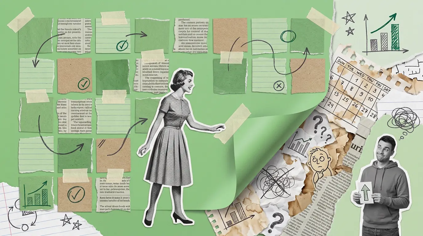 A paper collage on green. A vintage halftone woman peels back a neat quilt of flat green paper squares to reveal crumpled, stained scraps packed underneath. Taped notes, a torn calendar page, a modern photograph and a cartoon figure sit around her among biro ticks and charts.