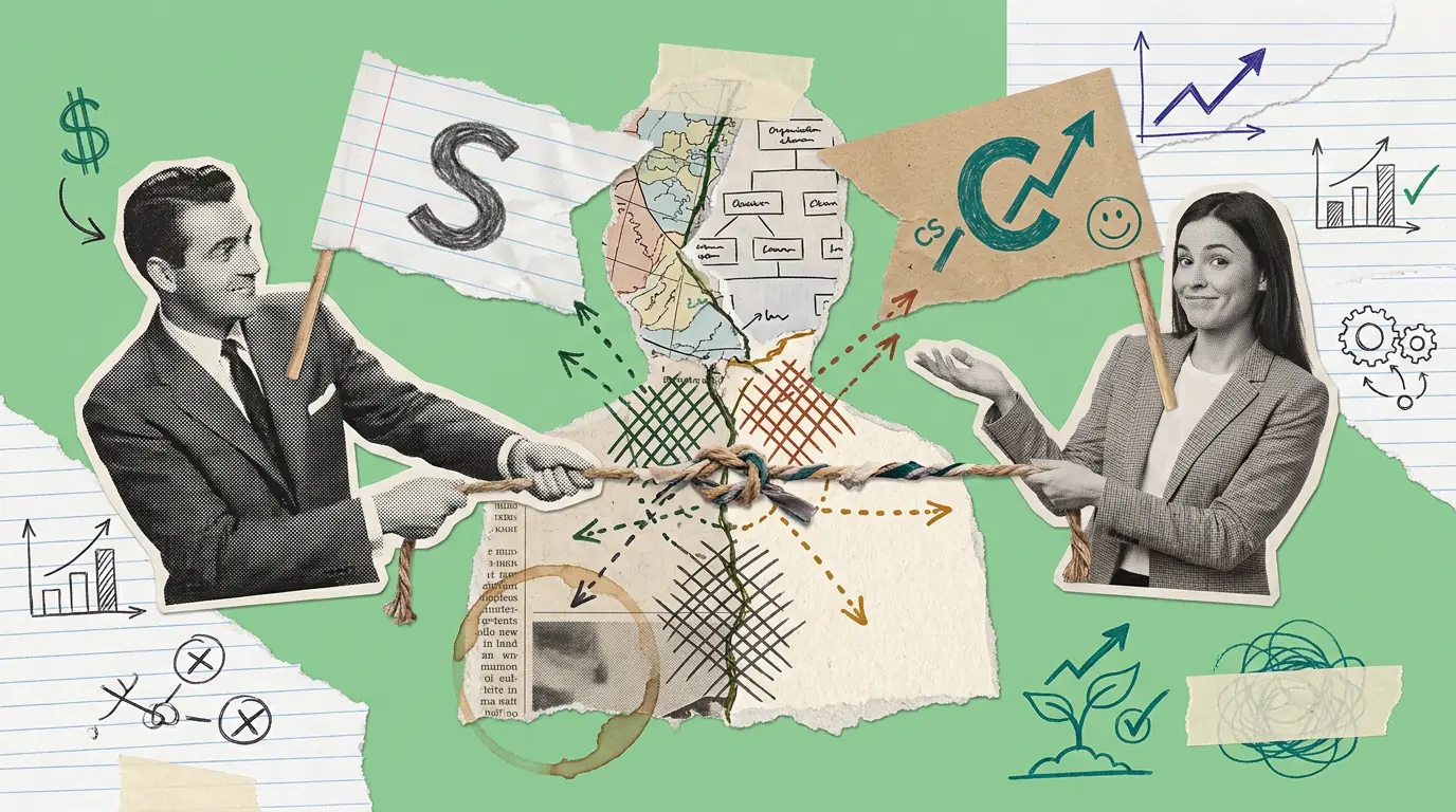 A paper collage on green. A paper cut-out of a person is split down the middle by a knotted rope pulled from both sides, a vintage halftone man hauling left and a modern photographic woman hauling right. Small paper flags, map fragments and newspaper clippings surround them.